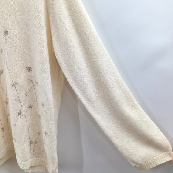 Vintage 1X Winter Flowers Sweater Embroidered Iridescent Sequin Ivory Gold L/S - Picture 6 of 13